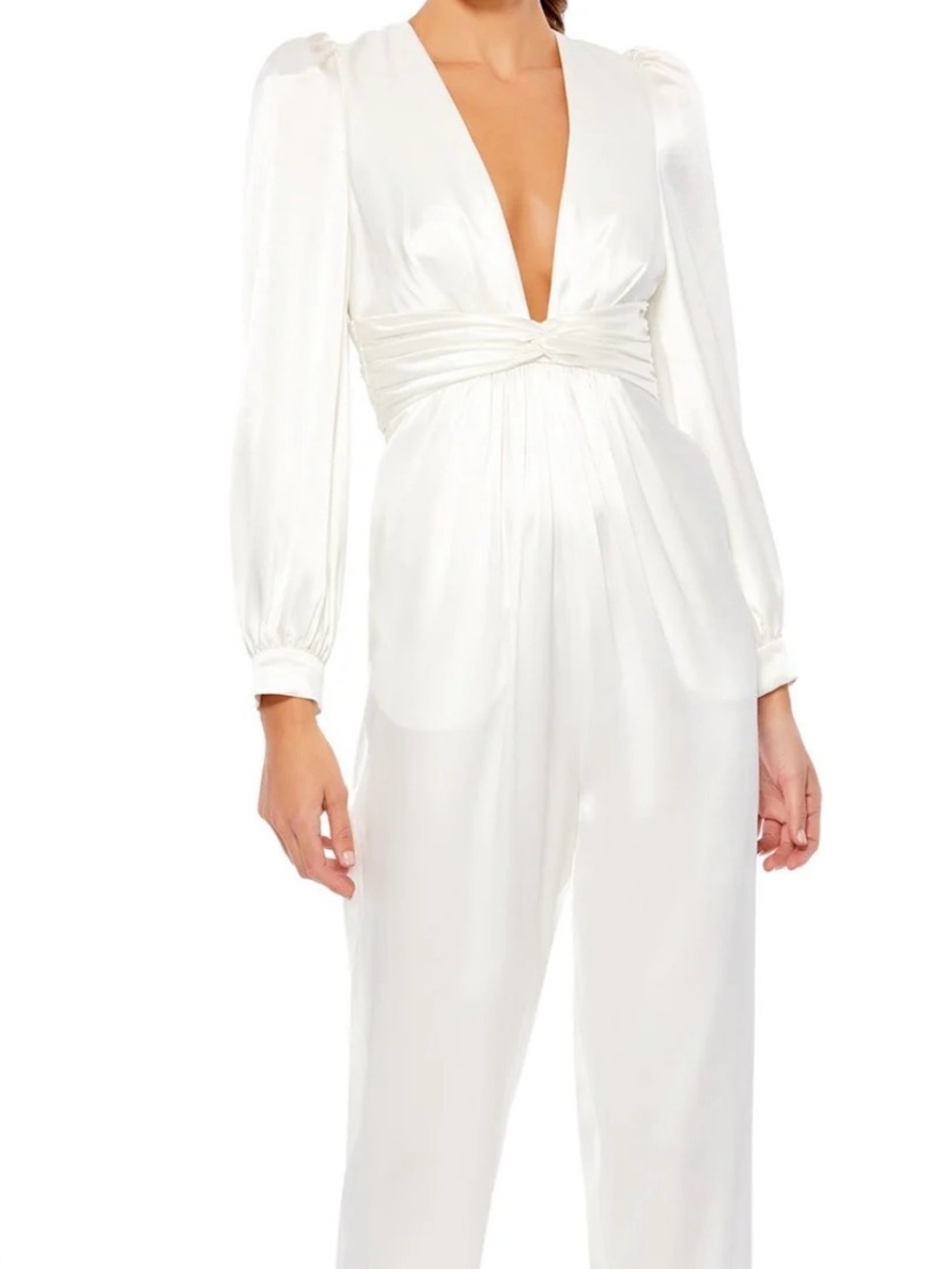 Mac Duggal Ivory Plunging V-Neck Satin Jumpsuit